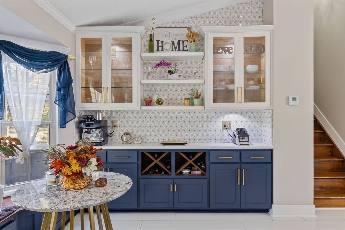 J & R quartz coffee bar with navy cabinetry